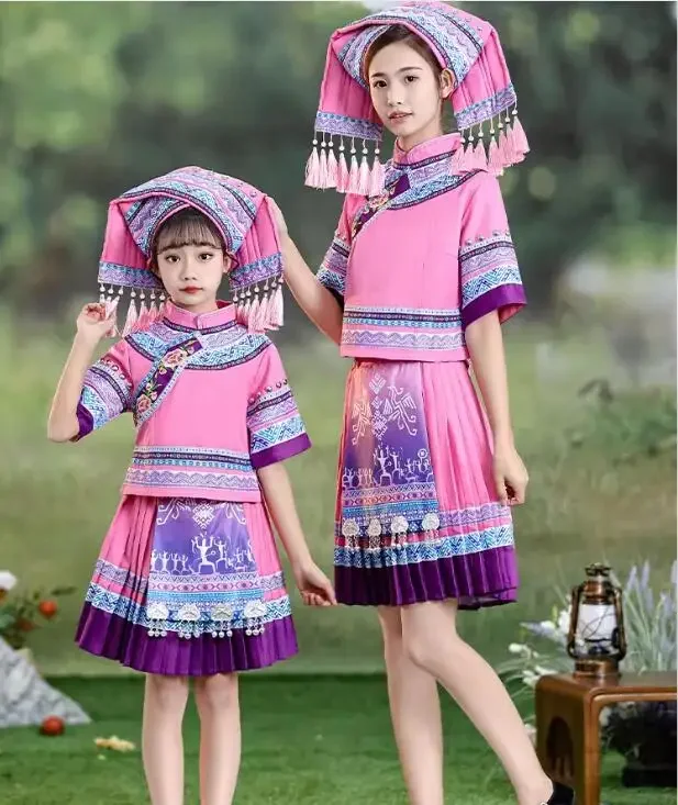 

Chinese Flok Dance Dress Children Guangxi Zhuang Ethnic Pink Perform