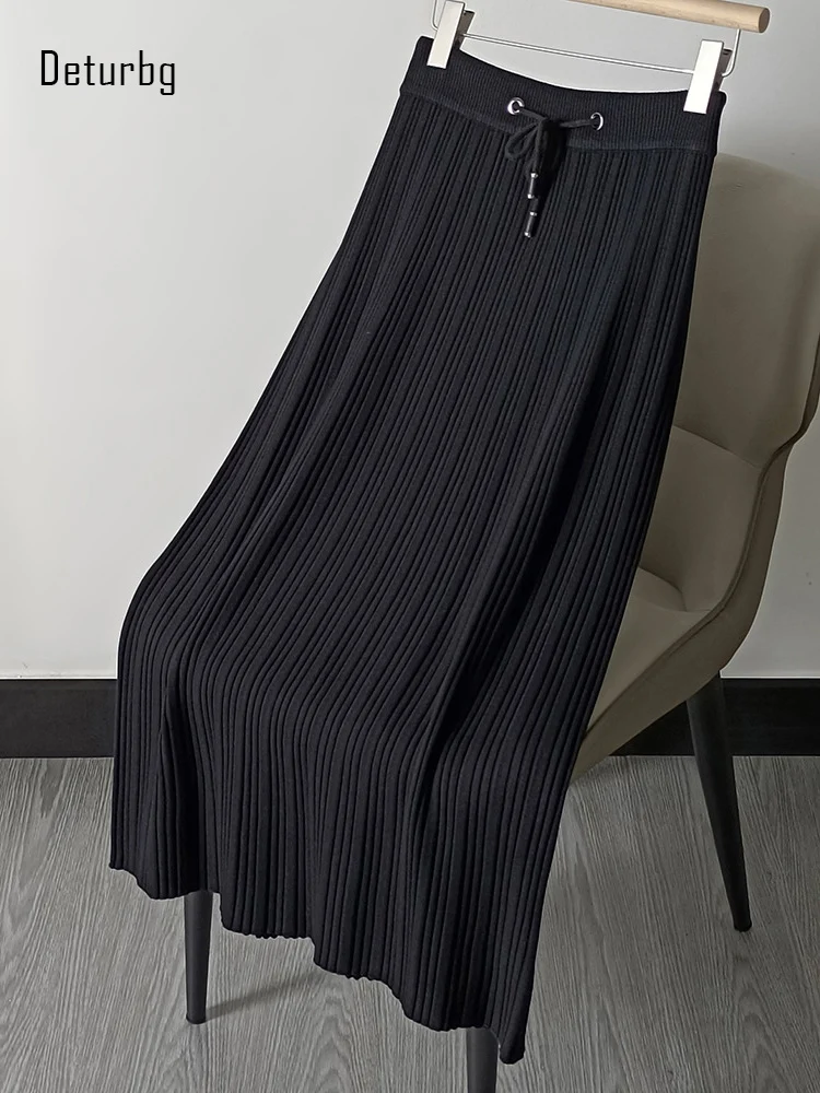 Women's Knitted Shirring Long Skirt Vintage Drawstring High Waist Strong Draped Warm Pleated Straight Skirts 2023 Winter K401