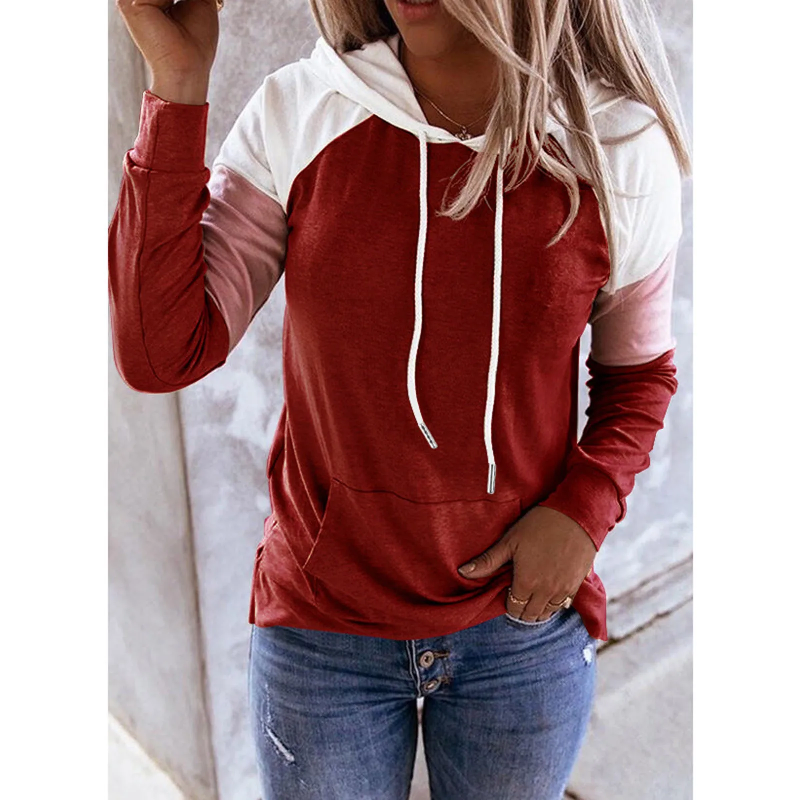 

Women Hoodie Patchwork Color Pocket Loose Sweatshirt Spring Autumn Hooded Pullovers Harajuku Long Sleeve Sports Streetwear Tops