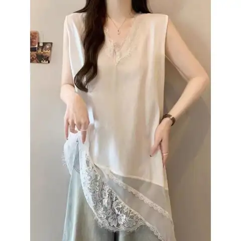 Plus-size women's summer new pure color commuting style loose slimming lace spliced irregular sleeveless vest