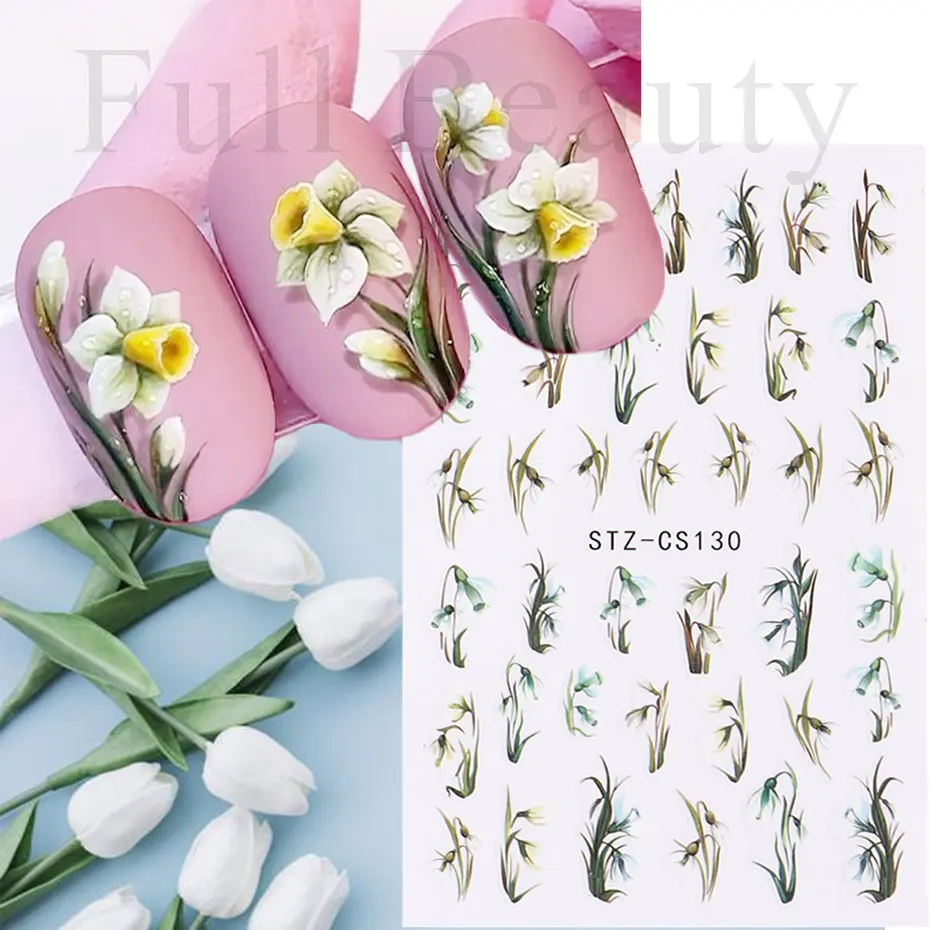 3D Tulip Nail Art Stickers White Campanula Flower Snowdrop Slider Florals Line Simple French Decal DIY Manicure Decor SASTZCS130