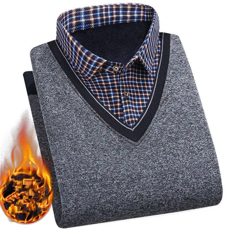 

Winter Men's Fluff Jacket High Quality Fashion Plaid Shirt Collar Middle-Aged Dad Versatile Casual Warm Sweater