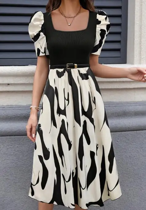 

Women's Dress Summer New Color Blocked Printed Square Neck Solid Color Knitted Patchwork Bubble Sleeve High Waisted A-Line Dress