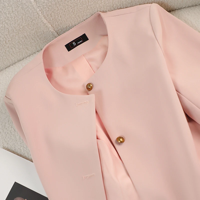 Round Neck Pink Blazer Women 2024 Fall Fashion OL Commuter Career Long-sleeved Elegant Black Suit Jacket Japanese Cropped Tops