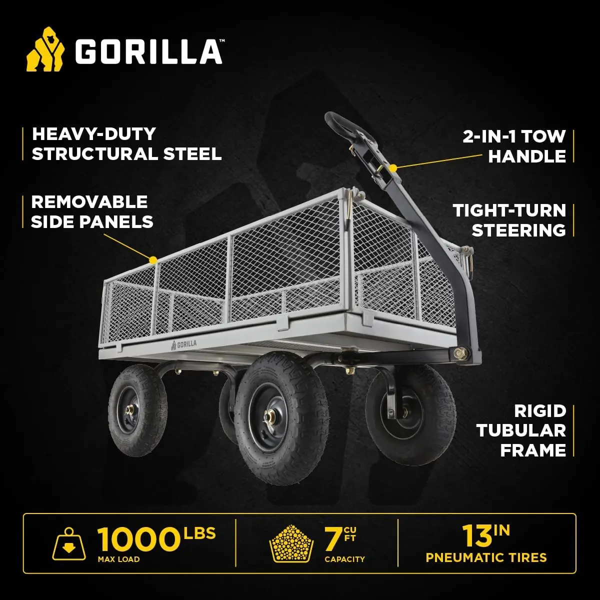 Outdoor Garden Use, Steel Material, Gray Color, 1,000-Pound Capacity, Removable Sides, Pneumatic Tires, Convertible Handle