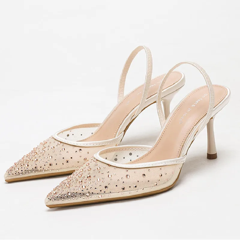 

Elegant Mesh Designer High Heels Women Luxury Rhinestone Backless Pointed Toe Heeled Sandals Fashion Wedding Bridal Party Pumps