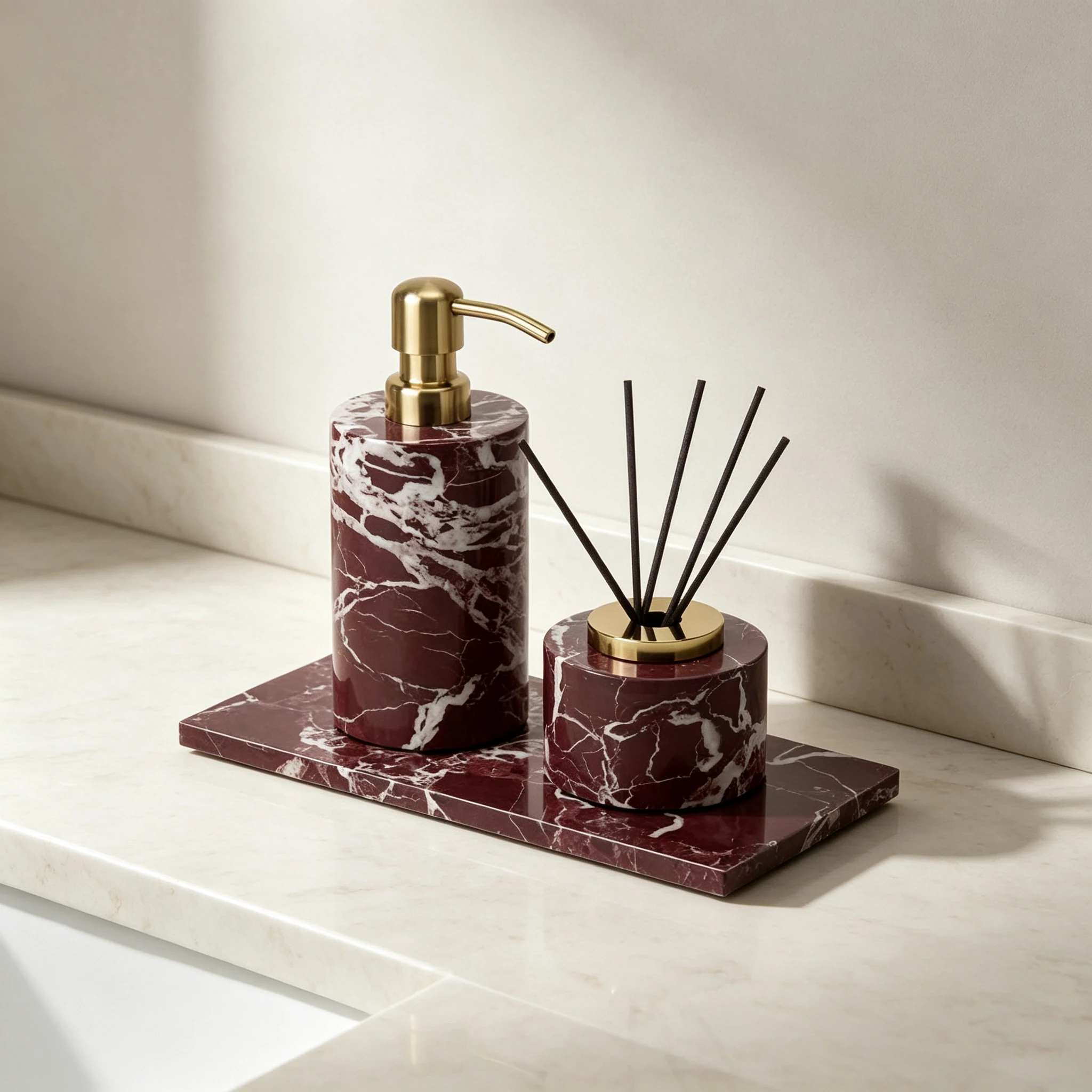 Rosso Lepanto Natural Marble Bathroom Accessories Set Luxury Soap Dispenser Soap Dish Reed Diffuser Vanity Tray Kit Bathroom