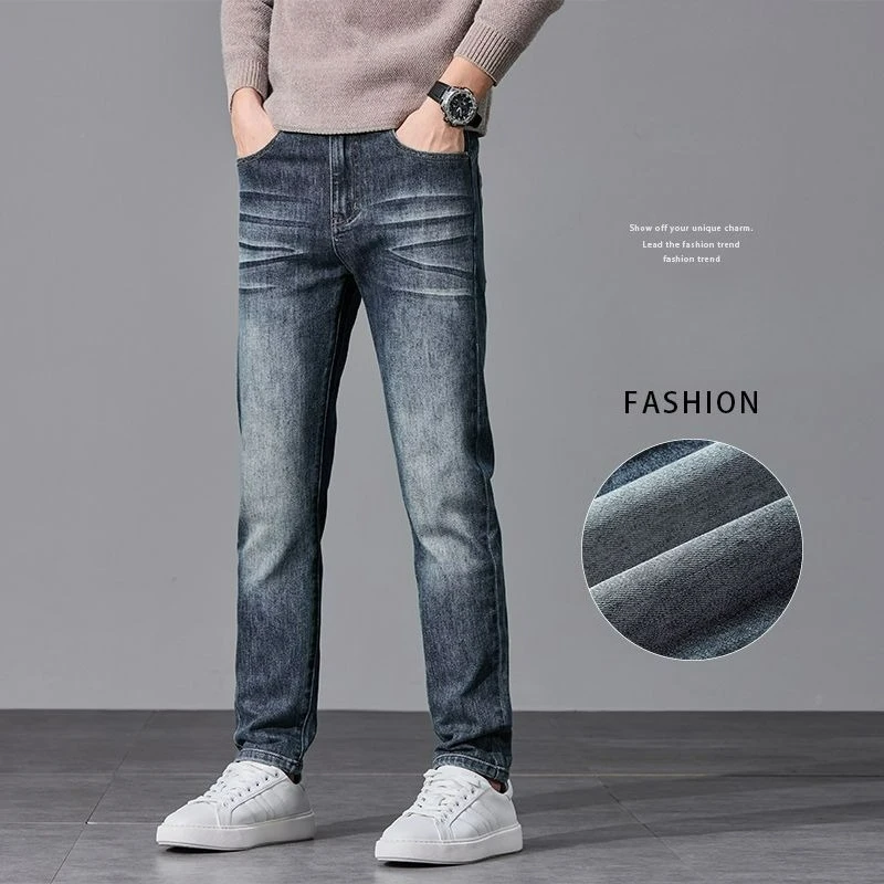 Осень-зима, деловые мужские удобные джинсы, повседневные прямые эластичные утягивающие хлопковые эластичные рабочие джинсовые брюки, модные универсальные