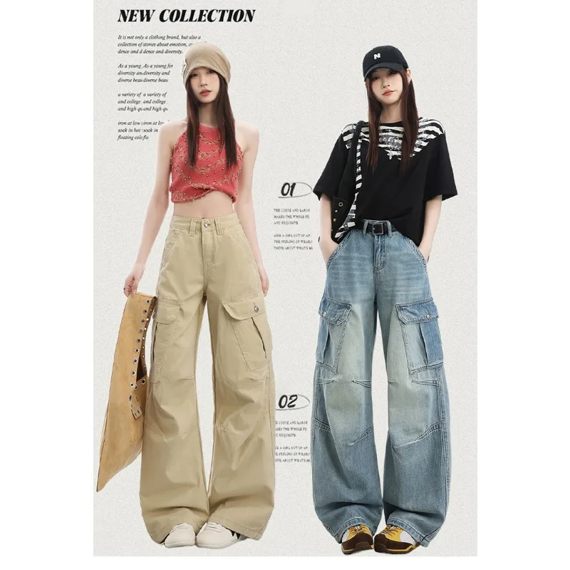 American Style Women Cargo Jeans 2026 Fall Light Wash Baggy Wide Leg Plus Size Streetwear Pants