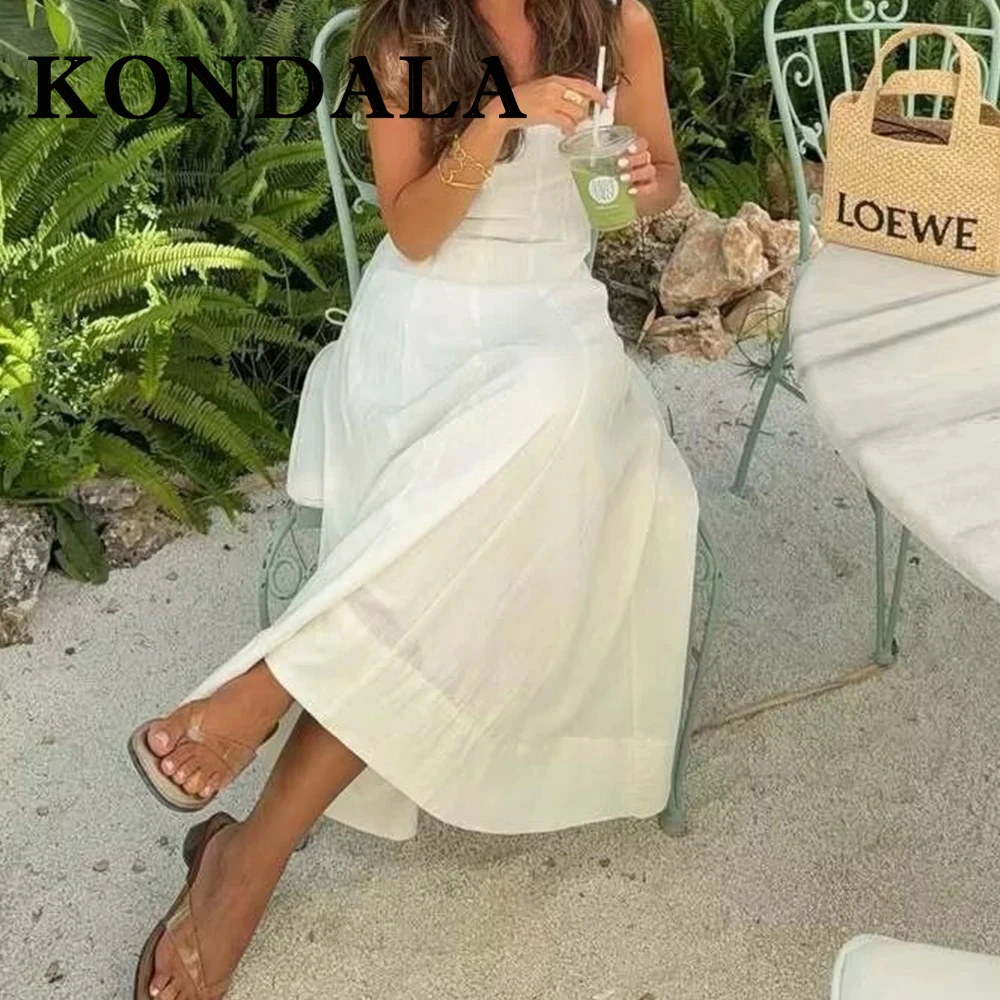 KONDALA Chic Woman Dress Fashion 2025 Summer Mini Sleeveless Holiday Square Collar Dress Pleated Female Party White Vestidos