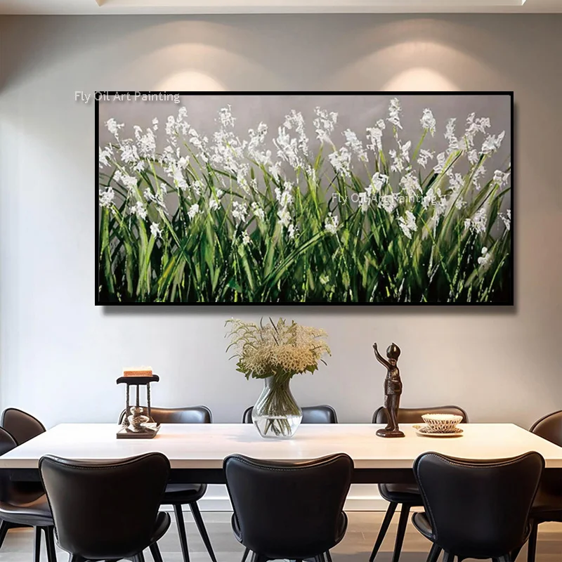 Simple Design Green White Flowers Field Canvas Artwork Handmade Special Red White Brich Tree Landscape Oil Painting For Room