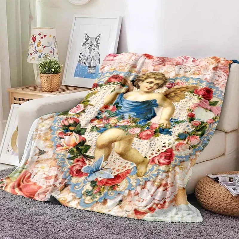 

Vintage Angle Cherubs Blanket Art Painting Flannel Blanket Gift for Children Soft Thin Blanket Sofa Couch Bedspread