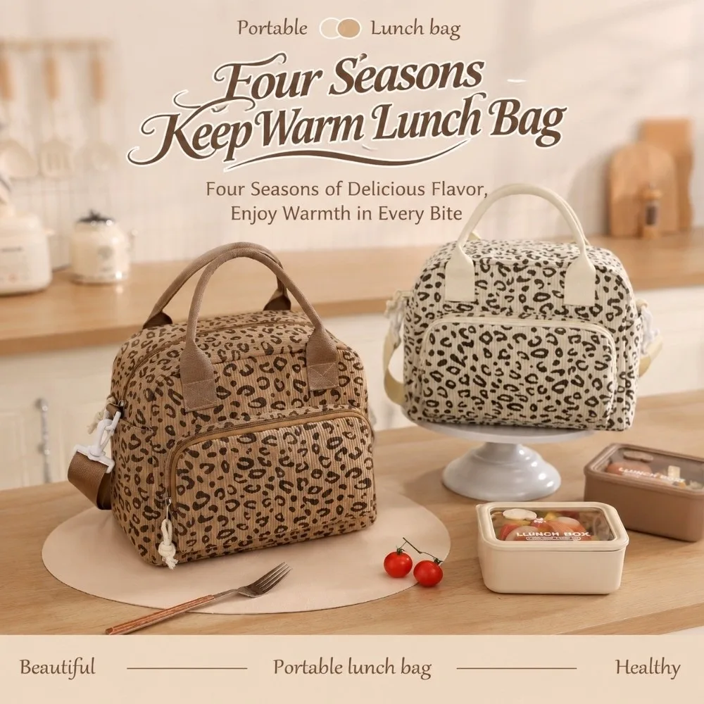 High Quality Corduroy Lunch Bag Portable Thermal Insulation Storage Handbag Floral Leopard Print Lunch Box Outdoor Travel