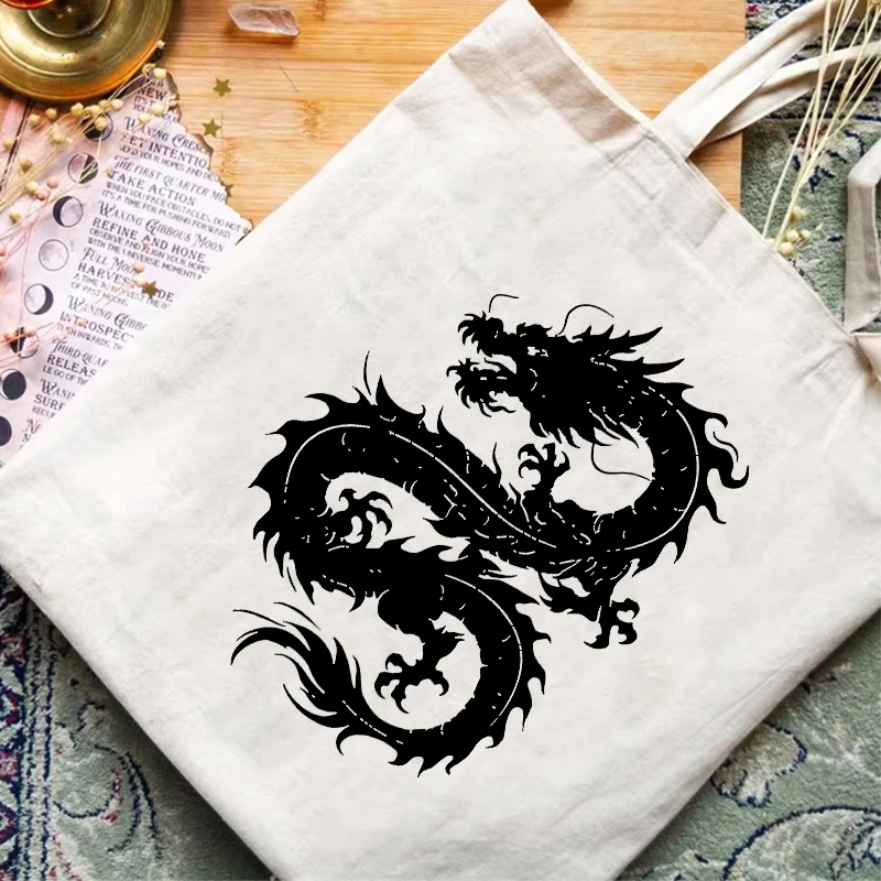 1pc Dragon Pattern Kids Tote Bag, Vintage Casual Shoulder Bag, Canvas Luggage Bag Shopping Bag Canvas Tote Shopper Bag Women Men