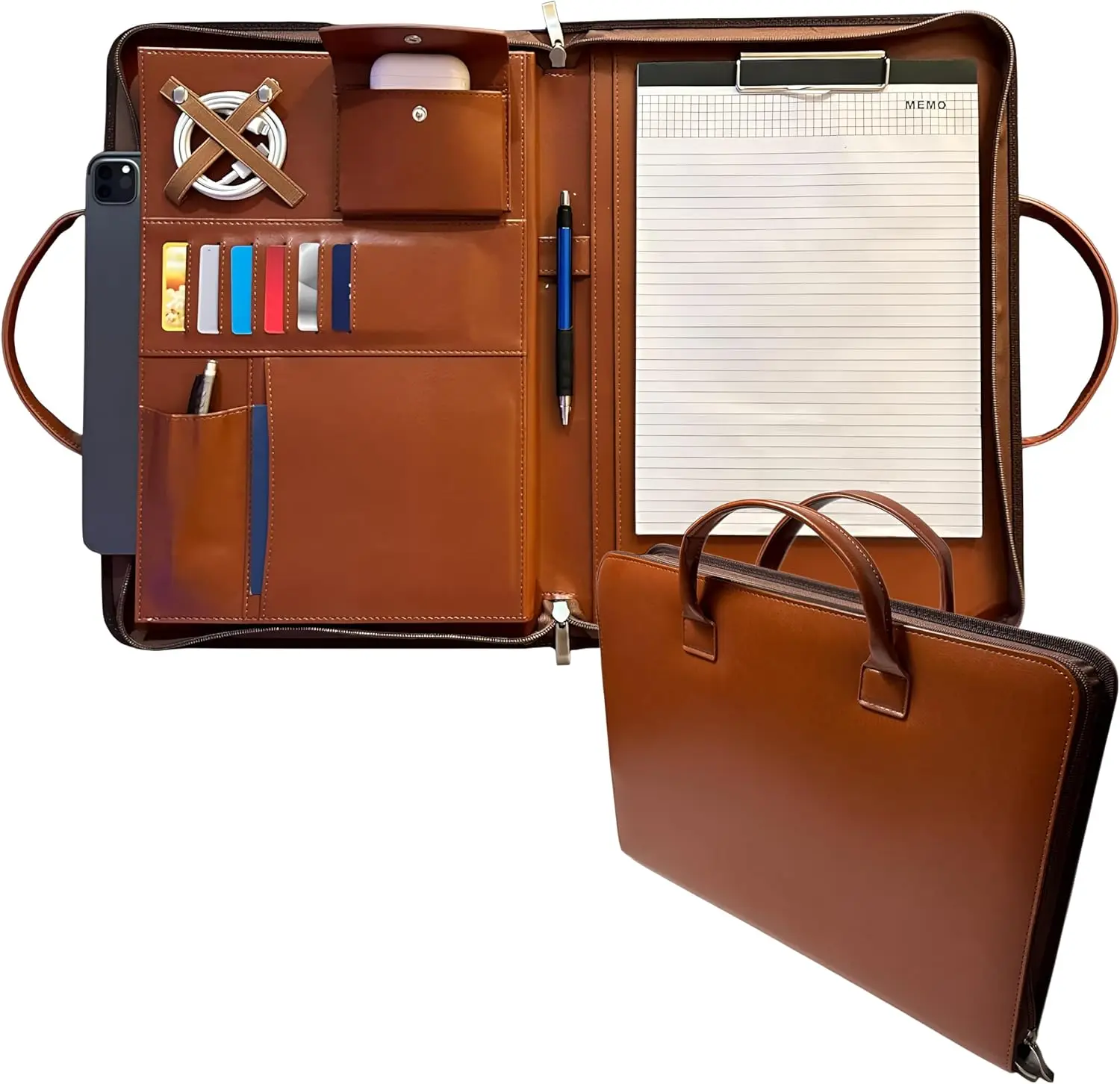 Portafolio Profesional de Cuero PU con Asas - Organizador de Documentos con Cierre para Currículum, Cuaderno, Carpeta Delgada para Hombres y Mujeres