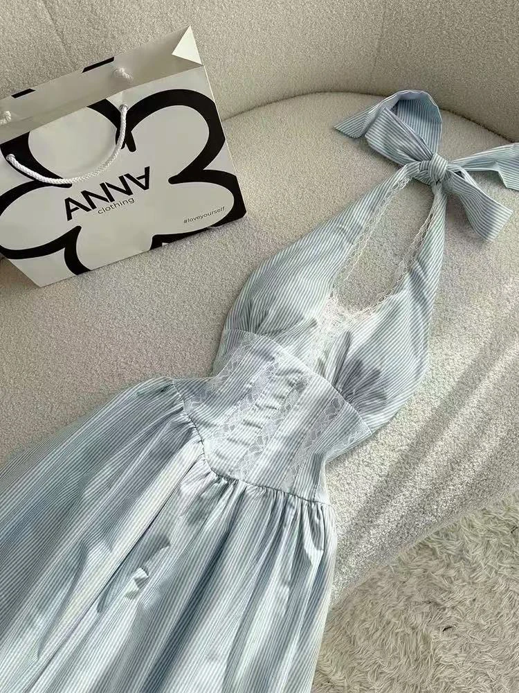 Elegancka sukienka midi damska z dekoltem typu halter, modna, z koronkowymi wstawkami, dopasowana, w stylu Y2K, seksowna, bez pleców, idealna na lato, na plażę i wakacje, Vestidos