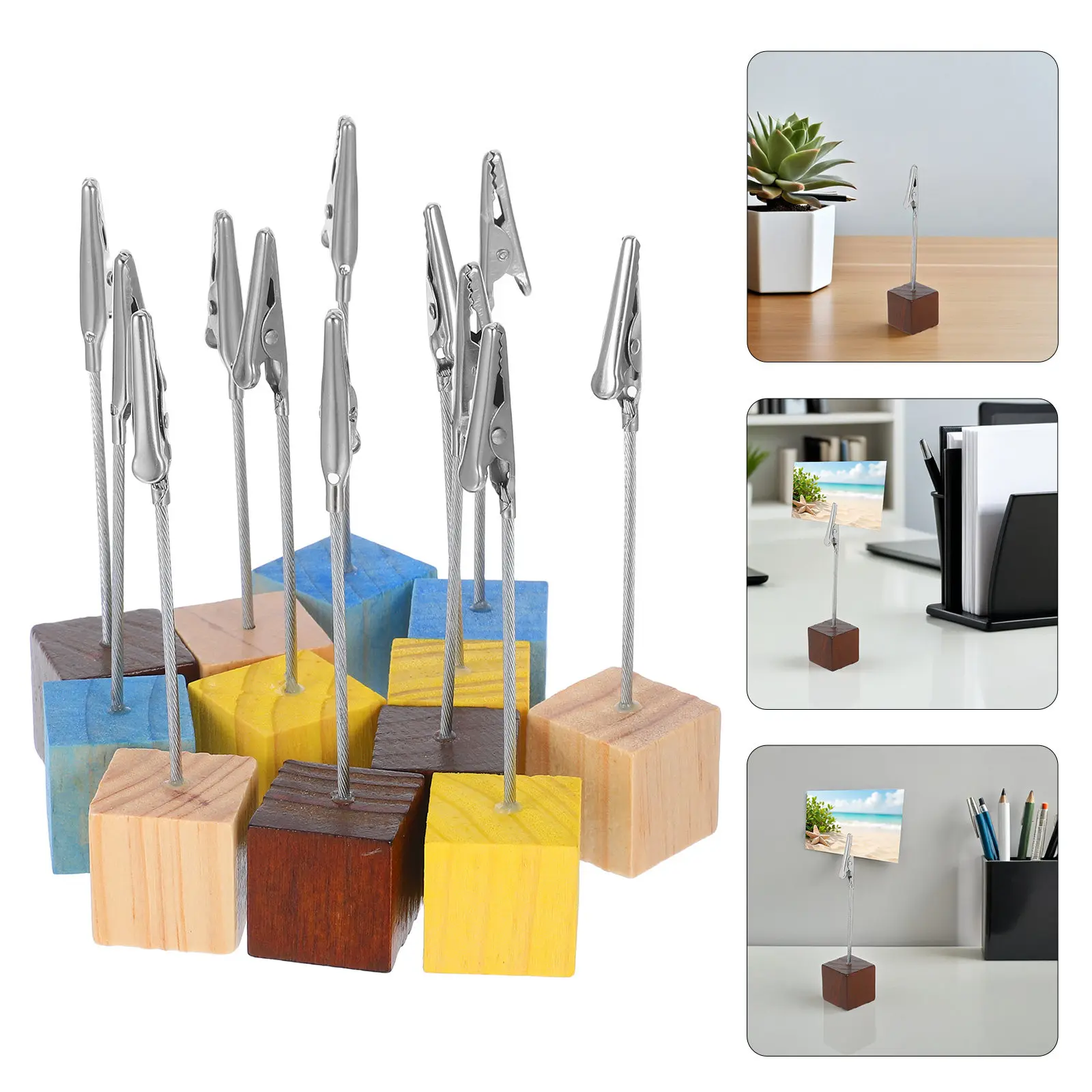 12Pcs Wooden Cube Memo Clip Holder Desk Note Card Stand Vintage Photo Holder Office Desktop Display Menu Clip Picture Clips