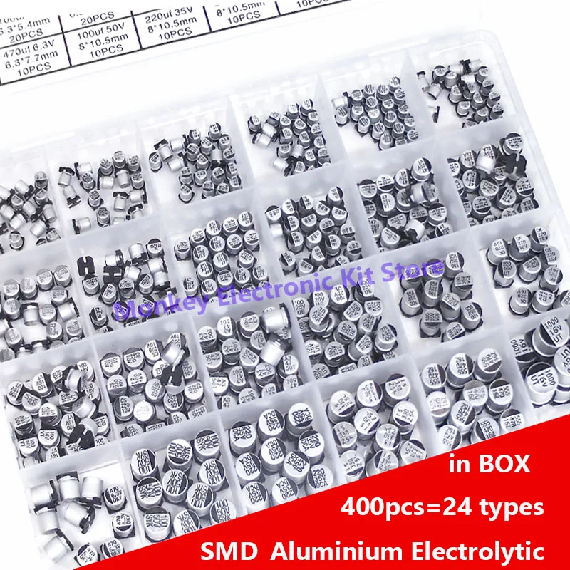 400Pcs capacitor kit Aluminum Electrolytic Capacitors SMD Assortment Kit 1uF~1000uF 6.3V-50V 24Value with box kit de reparación