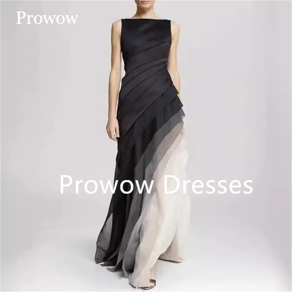 Prowow Modest Black Sleeveless Evening Dress Layered Satin Tulle Wedding Party Dress Customized Zip Women Formal Prom Gown