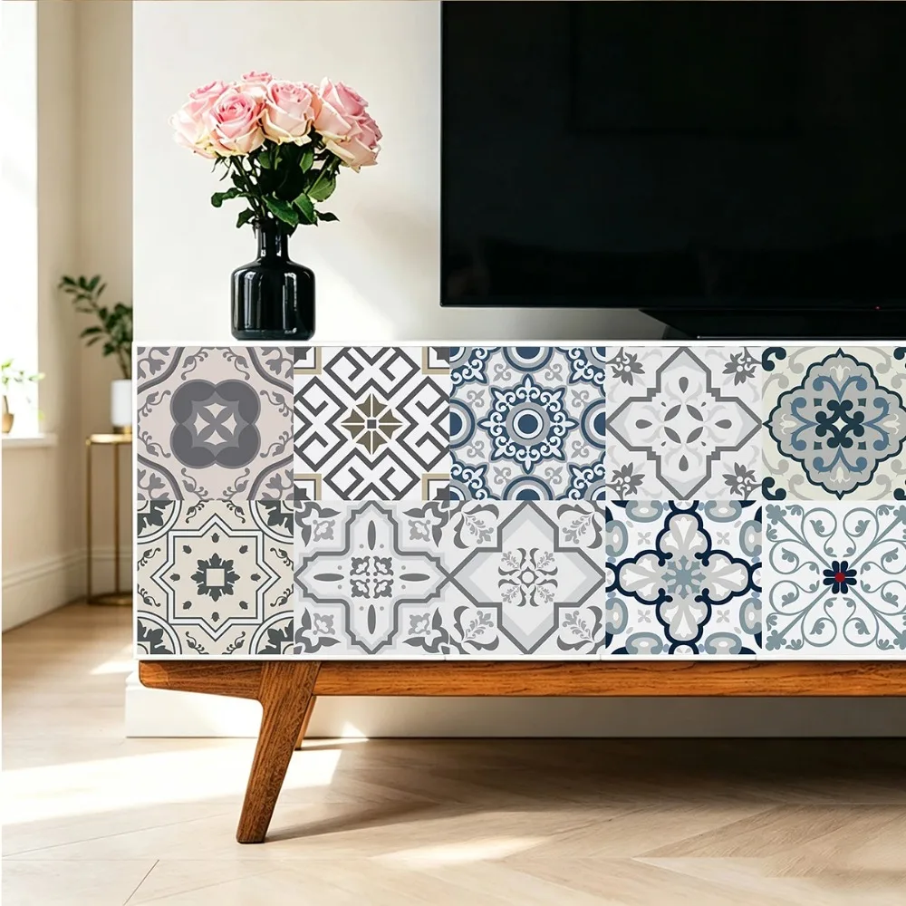 Navy Blue Moroccan Geometric Tile Stickers Self-Adhesive Vintage Square Tile Decals for Kitchen Backsplash Cabinet Home Decor