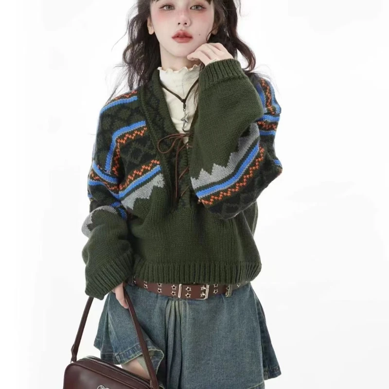 Vintage Y2k Green Sweater Women Harajuku 90s Streetwear Oversize Cropped Jumpers Patchwork Jerseys Hippie Bandage Knitted Tops