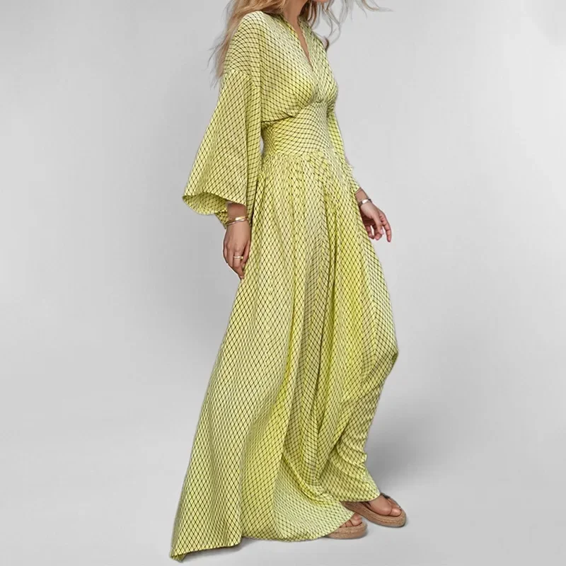 Frauen 2025, Frühling und Herbst, neue einfarbige Mode, geometrische Trompetenärmel, sexy V-Ausschnitt, Taille, lässig, lockeres Langarm-Kleid