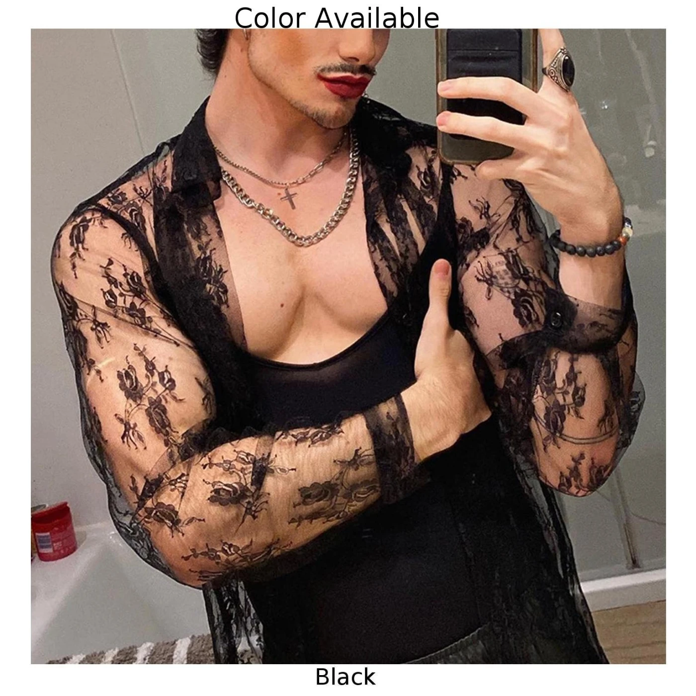 Fashion Mens Black Mesh See Through Long Sleeve Floral Print Shirt Clubwear Party Nightclub Men Shirts Blouse Clothing