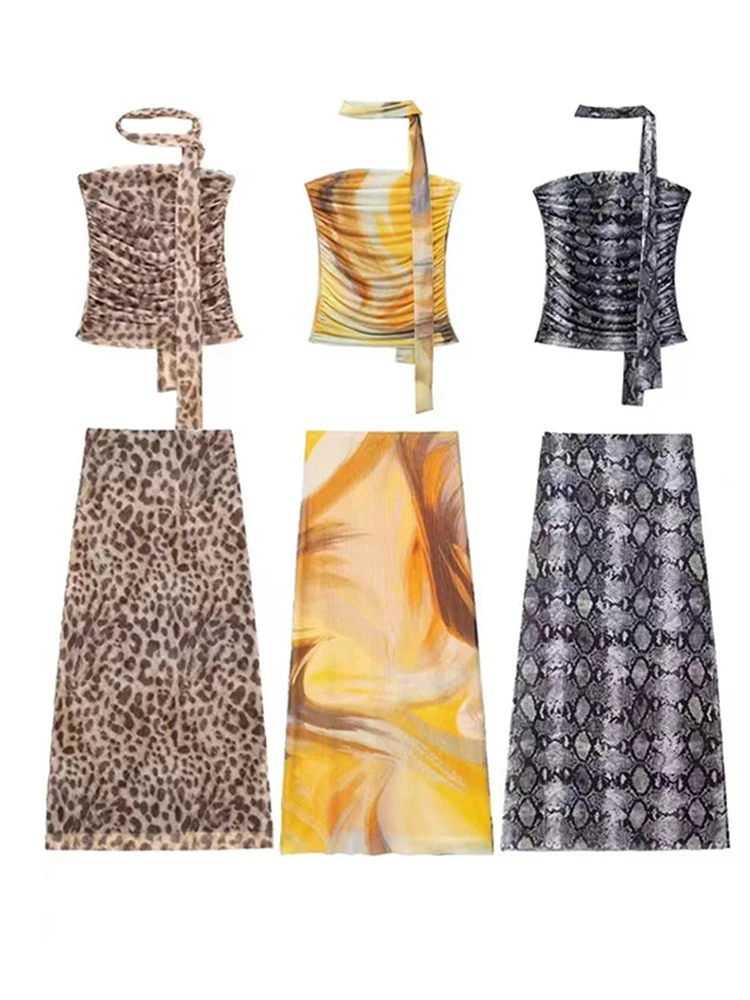 

Сексуальный костюм из шелковой юбки и топа с принтом, Женский костюм с облегающими рукавами, кружевные топы, юбки с высокой талией, женские новые женские костюмы