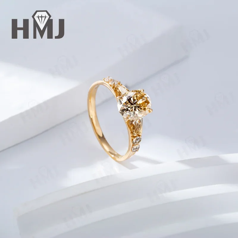 Ehering aus Echtem 18K Gold mit 2ct 7x9mm Oval Geschliffenem Moissanit-Diamanten in Champagnerfarbe, Klassischer Verlobungs- und Heiratsantragsring – Detail 4