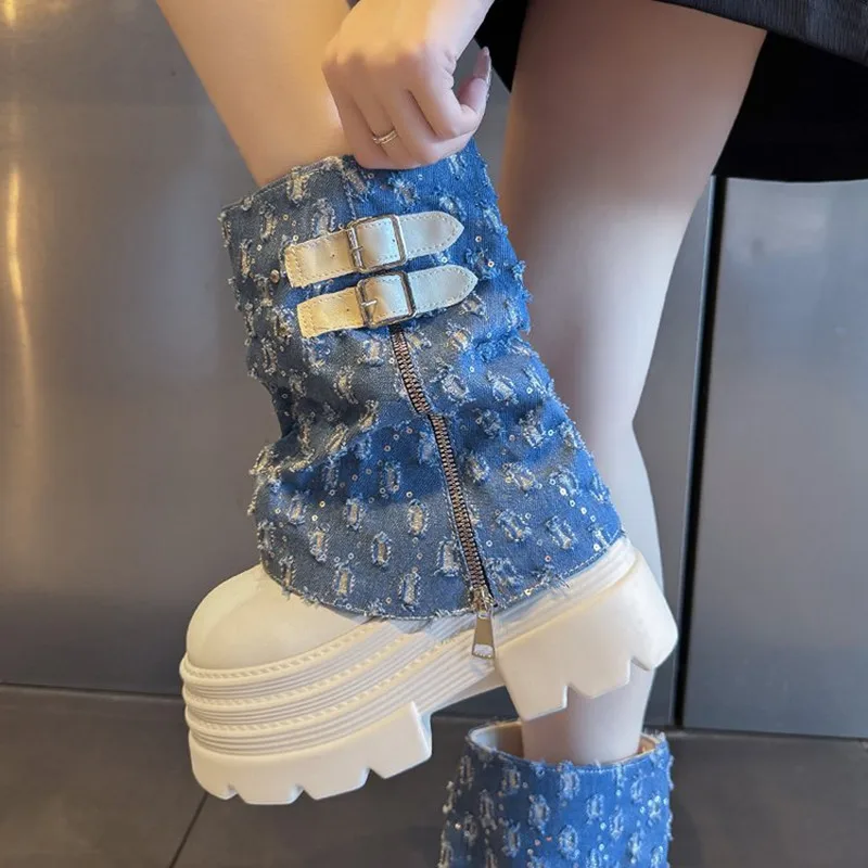10CM Autumn Winter Chunky Short Boots Women Canvas High Heels Mid Calf Leather Sneakers Trend Buckle Motorcycle Boots Snow Shoes