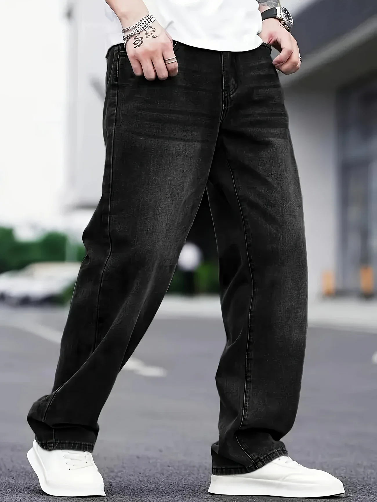 

Men's Classic Cotton Blend Jeans - Relaxed Fit, Straight Leg, Solid Color Denim, Comfortable Street Style Pants for All Seasons,