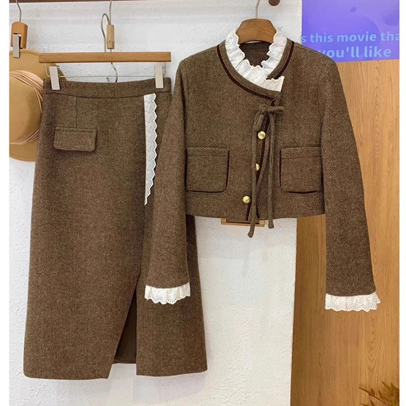 Autumn Two Piece Skirt Set Lace Patchwork Jacket+half Skirt Two-piece Set for Women's Woolen Jacket with Long Skirt