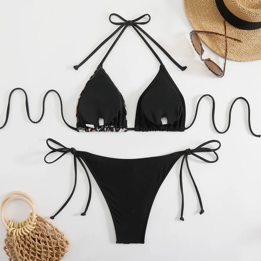 Halterneck-Bikini mit Streifenmuster und Leopardenprint, zweiteiliger Badeanzug für Damen, Badebekleidung, Badeanzug, Badeoutfit, Modell V6840L. – Detail 29