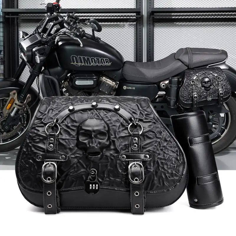 

1 Pari Side Bags Universal Motorcycle Saddle Bag Punk Rock Steampunk Medieval Vintage Waterproof Lockable Pouch Skull Pattern
