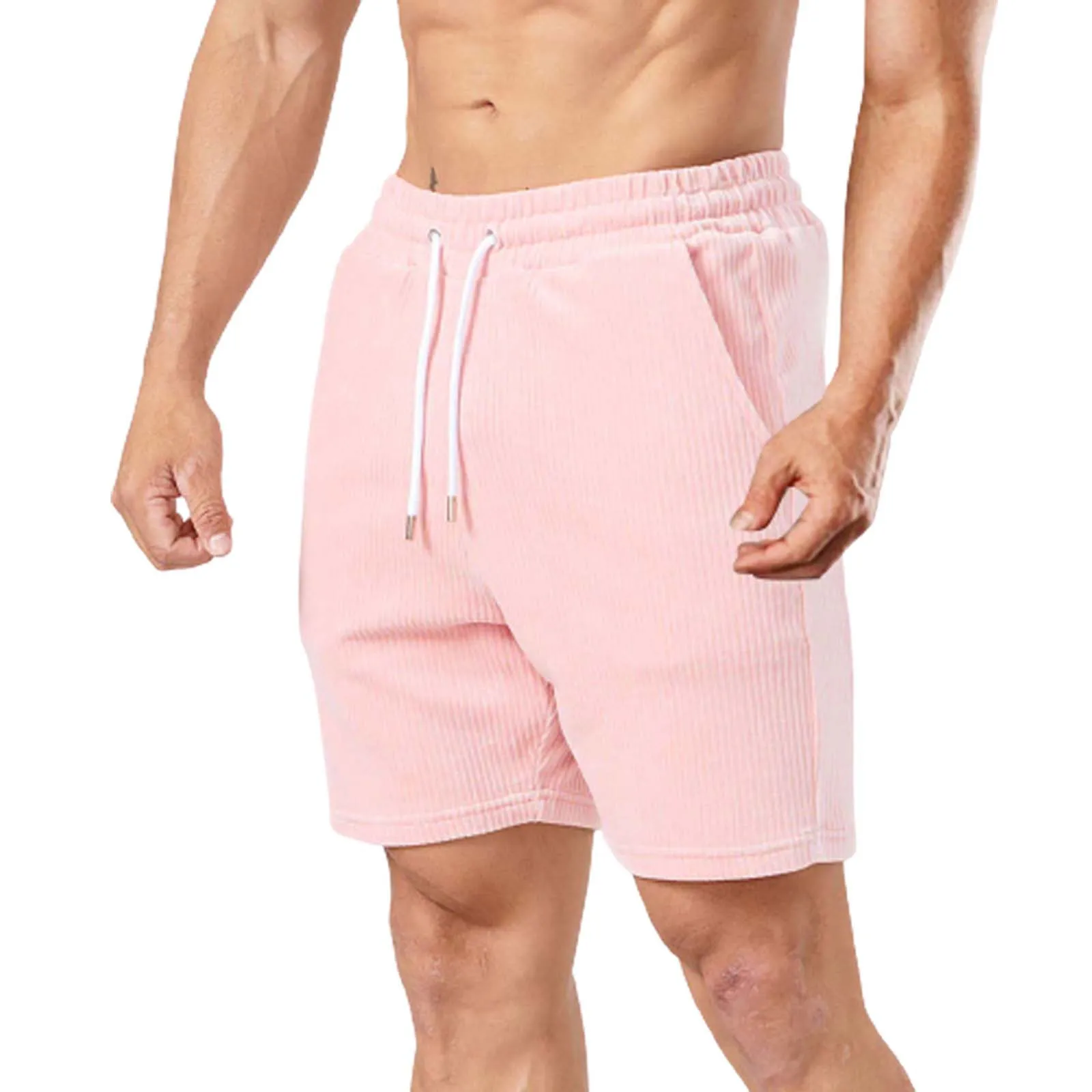 Pink Solid Color Shorts For Men\'s Summer Sports Gym Clothing Sexy Tight Lace-Up Male Causal Vacation Surfing Short Pants 2024