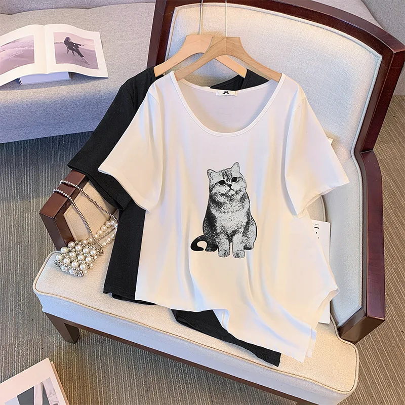 

150Kg Plus Size Women's Bust 156 Summer Loose Retro Thin Short Sleeved T-Shirt Cat Print Top White Big 6XL 7XL 8XL 9XL 10XL