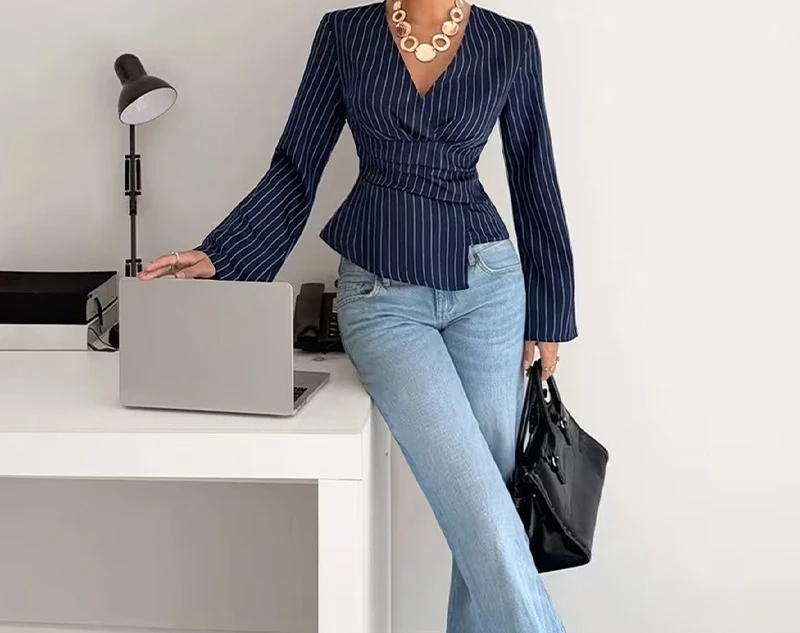 Women's Fashion Striped V-Neck Long Sleeve 2026 Waist-Concealed Shirt Pullover