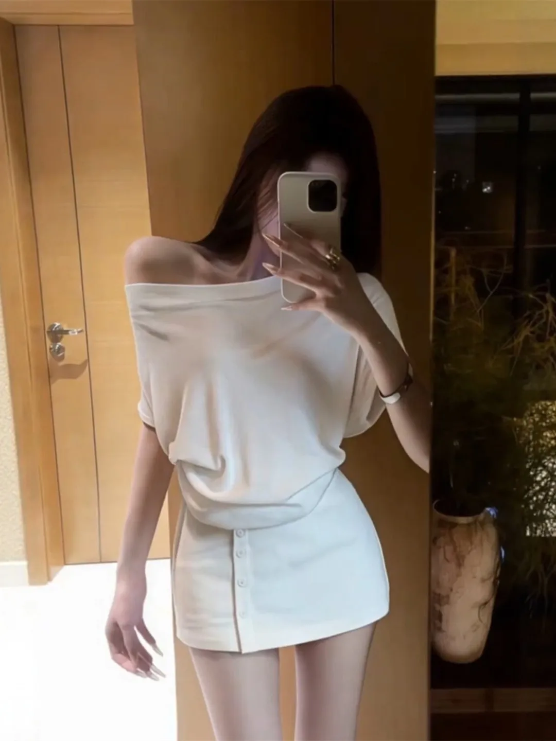 

Slim Fit White Asymmetrical Shoulder Short Sleeve T-Shirt And High Waist Short Skirt Two Piece Set for Women Summer Slimming ...