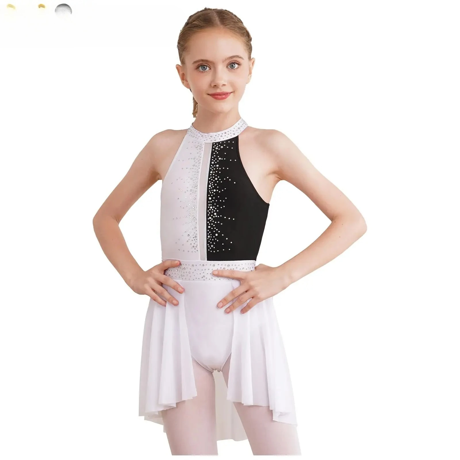 Sleeveless Ballet Leotard Tutu Dance Dress Rhinestone Lyrical Ballerina Gymnastics Performance Costume Girls Dancewear