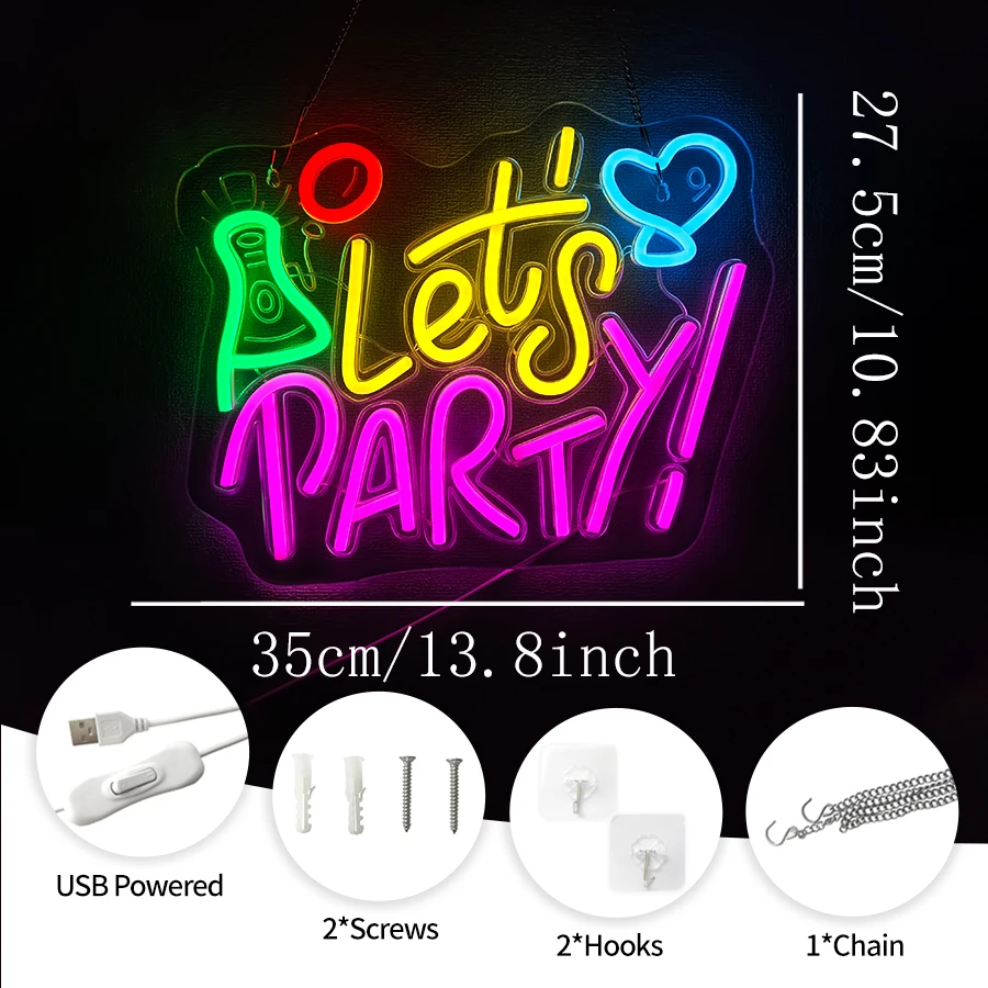 Let'S Party Neon Sign For Wall Decor,Light Up Sign For Birthday Wedding Party,Music Sync,Gifts For Loved Ones,Halloween Party