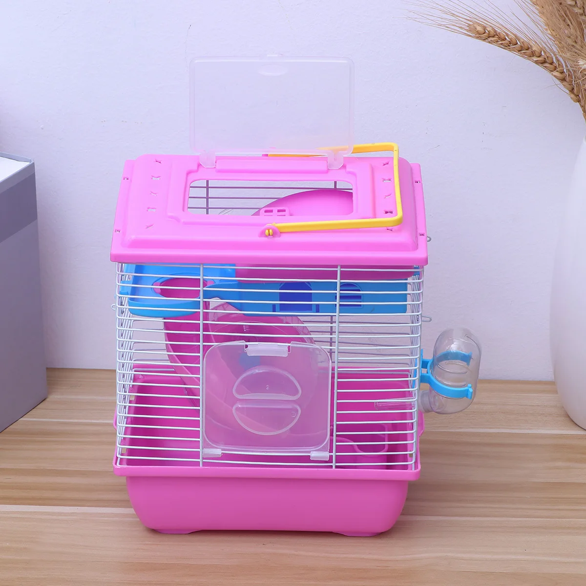 

Double Layer Hamster Cage For Small Pets With Running Wheel Water Jug Portable Acrylic Cage (Pink)