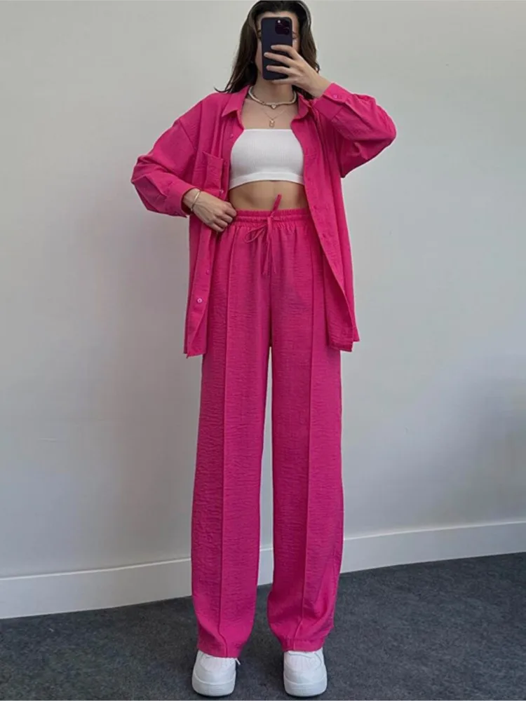 Casual New In Damskie Dwuczęściowe Zestawy 2024 Wiosna Jesień Eleganckie Koszule I Szerokie Nogawki Spodnie Wysoka Talia 2-częściowe Zestawy Stroje