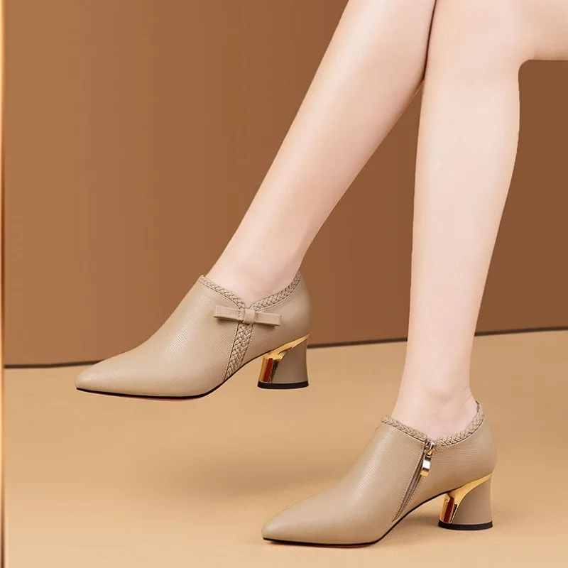 

Deep mouth thick with 2025 new apricot pointed head all match generous temperament spring and winter women high heel shoes