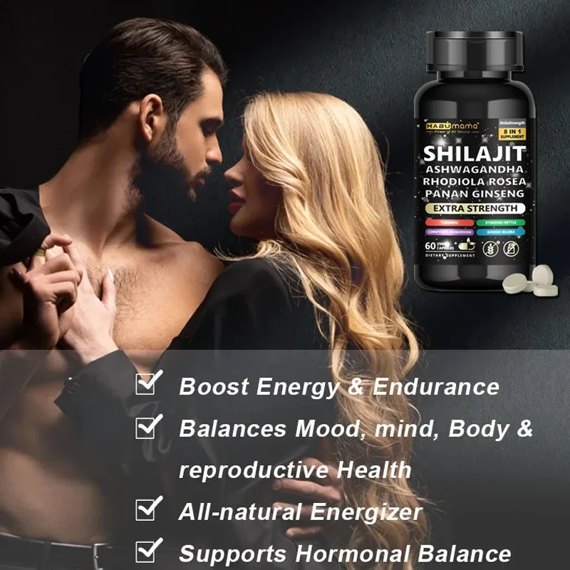 Natural Pure Ingredient 8 in 1 Shilajit, Ashwagandha, Panax Ginseng, Turmeric, Enlargement Pills for Men Increase Size & Stamina