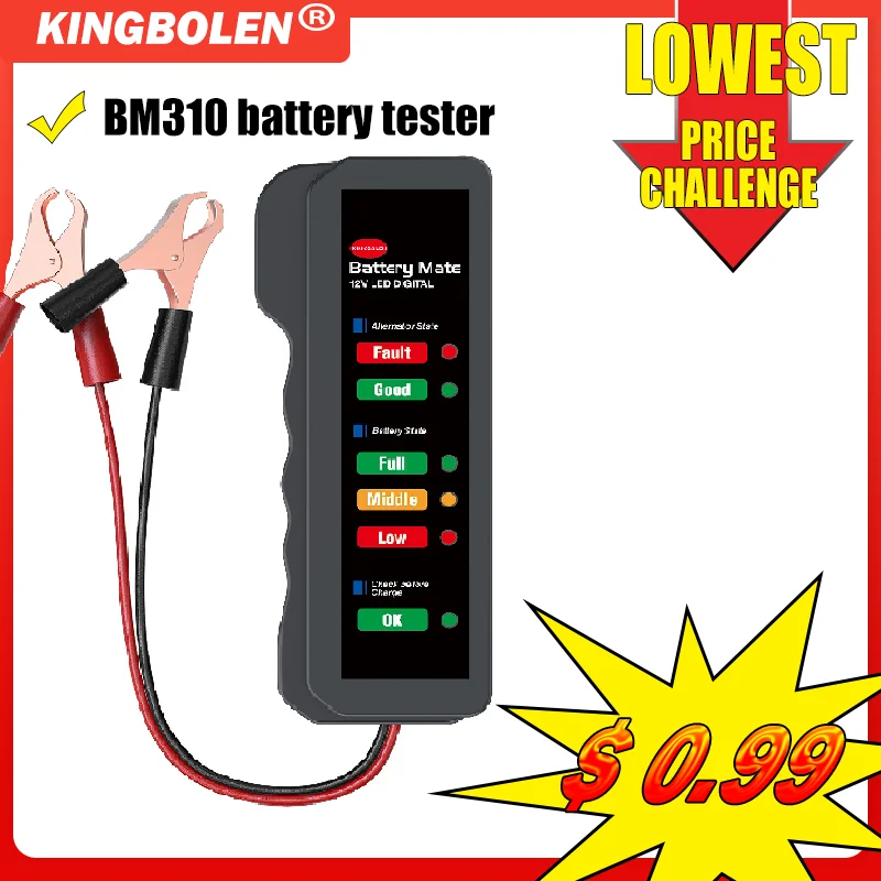 

KINGBOLEN 12V Car Battery Tester BM310 Digital Alternator Tester Check Battery Condition Charging for Car Motor Battery Analyzer