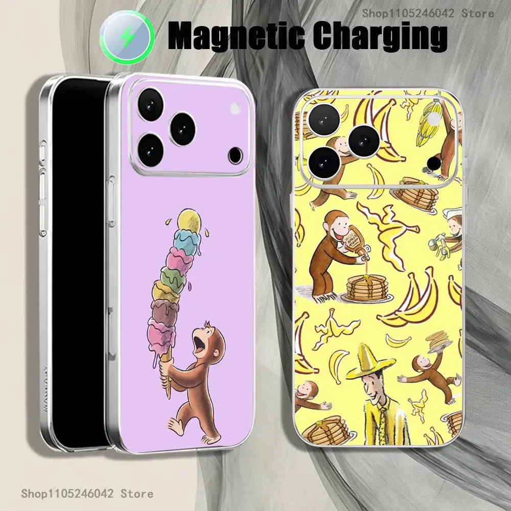 

C-Curious G-George Monkey Transparent White Phone Case For iPhone 17,16,15,14,13,12,11,Pro,Max,Plus Magnetic Wireless Charging