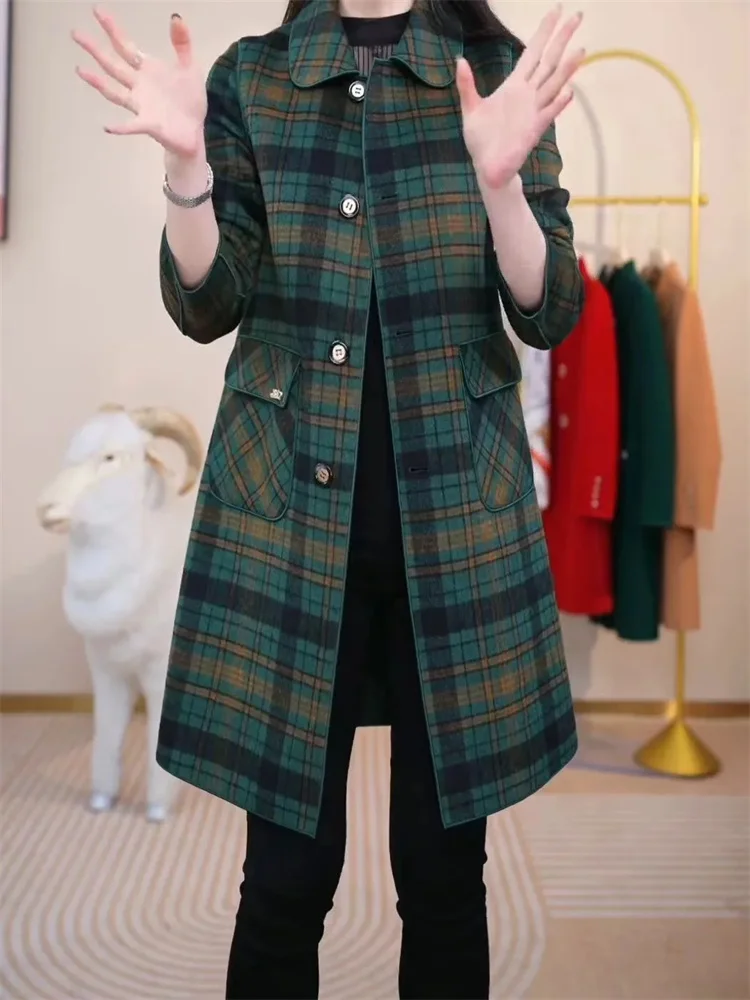 

Double-sided Mother Cashmere Coats Long 2024 New Middle-aged Plaid Outwear Autumn and Winter Slim Western Fashion Coat