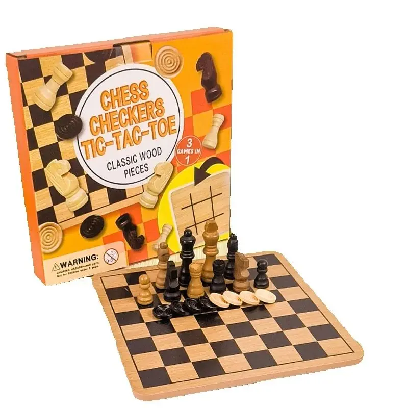 

Double-Sided Wooden Chessboard Set - International Chess And Checkers Game Board Triple-Play Educational Battle Toy
