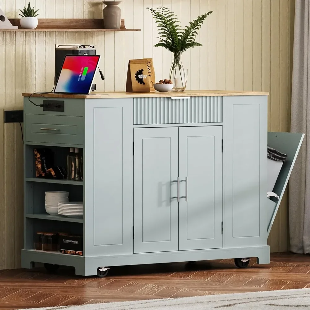 Modern Kitchen Storage Island with Trash Can Cabinet &Power Outlet,Rolling Kitchen Island Cart on Wheels with Open Side Shelves