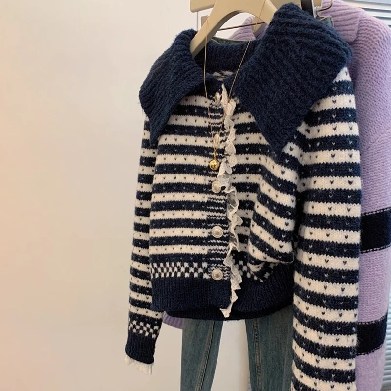 المرأة أناقة مخطط سترة الحلو نمط الدانتيل الديكور رفض طوق سترة الترفيه واحدة الصدر محبوك القمم #1